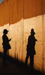 two people standing against a wall in the shade