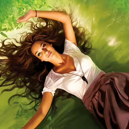 a girl with a white shirt laying on the grass,a girl is laying on a green grass field
