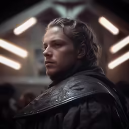 the man is in the spotlight, wearing a black jacket and looking into the distance