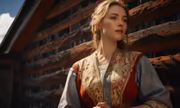 woman in medieval clothes stands in front of a wooden building
