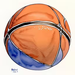 a watercolor painting of a basketball ball,a watercolor painting of a basketball with a blue strip on top