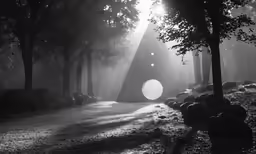 a large triangle on a road surrounded by trees