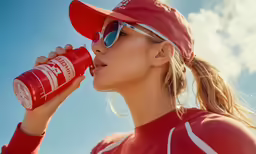 a female tennis player drinking from a red water bottle