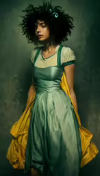 young woman in green and yellow dress with afro hair