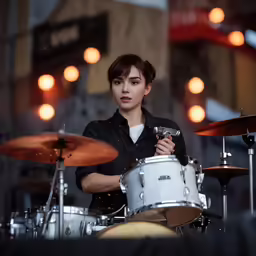 the young woman plays drums on stage at an event