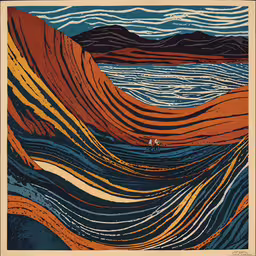an art print with waves and mountains in the background,a drawing on top of a blue green yellow and red mountain