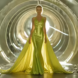 model in green dress standing on runway