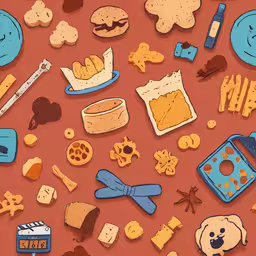 a bunch of cute things on a red background,a seamless image of a bunch of cookies and other objects