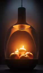a small bowl filled with candles in front of a hanging light