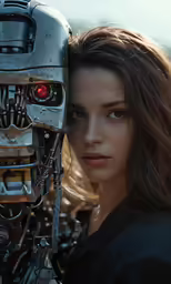 woman posing next to a robotic looking robot