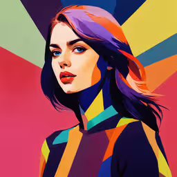 a painting of a woman with blue eyes and hair,a woman in a black shirt is looking off to the side