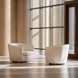 two white chairs sitting next to each other on top of a floor