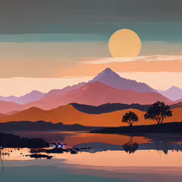 a painting of mountains, trees and people near a lake,a painting that has been modified to look like it is on the screen