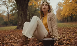 a woman in white pants and a yellow shirt is sitting outside in a leaf filled area