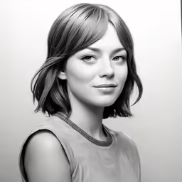 a woman with shoulder length bob in front of a white wall