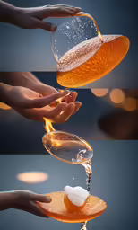 three pictures of hands with tea on a tray