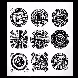 six abstract circular designs in black and white on a sheet,six circles with different designs and shapes on white paper