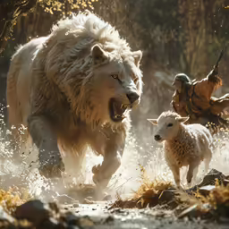 a white lion running through a forest next to a sheep