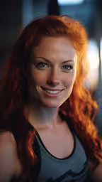 the woman has long red hair and is smiling,this is a red headed woman smiling