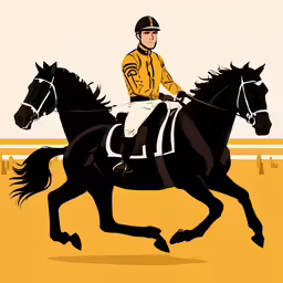 a jockey in yellow riding his black horse