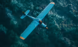 an aerial view of an airplane flying above trees