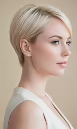 a blond woman with blue eyes and short hair