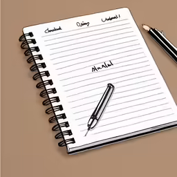a notebook and pen sit on a desk