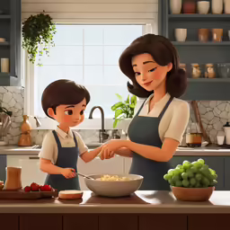 a woman with an apron and boy preparing food in a kitchen