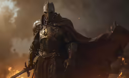 the master in a knight outfit is holding his sword