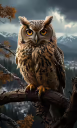 an owl is sitting in a tree branch with mountains in the background