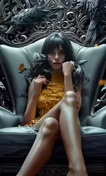 the woman is sitting down on a couch
