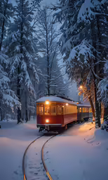 a red train traveling down tracks near snow covered trees