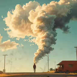 a person standing in the middle of a road as smoke comes from it