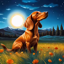 a painting of a red dog with its head cocked looking up to the sky