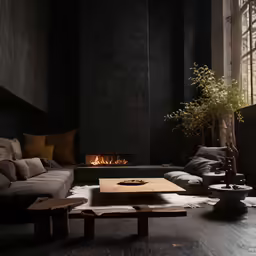 a living room with wooden table and couches