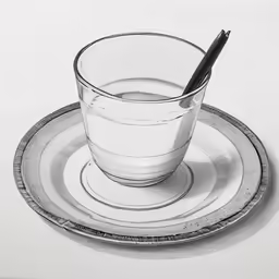 a black and white drawing of a cup with a spoon