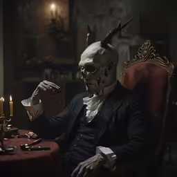 a person with horns sitting in a chair and smoking a cigarette