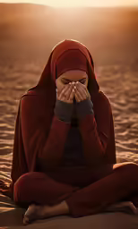 an woman sitting on the sand with her hands covering her mouth