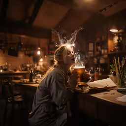 woman sitting down drinking from a tall mug