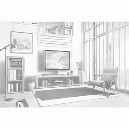 this is a black and white drawing of a living room