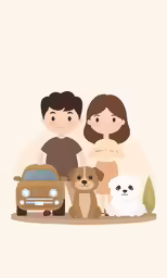 a couple and two dogs on a road with a car behind them