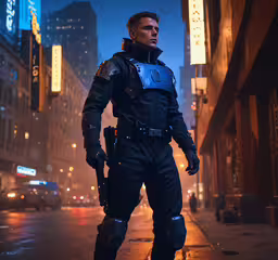 a man in a police outfit in a city at night,a man in police uniform standing on street at night