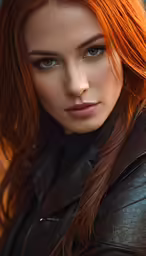a woman with long red hair and a black jacket