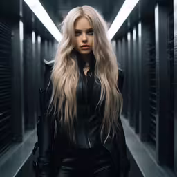 a woman standing in front of many metal bins,a woman with blonde hair standing in a corridor
