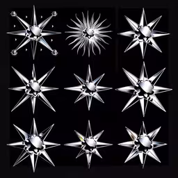 an array of different sizes and shapes of metal stars,six white stars with diamond sparkles and shapes