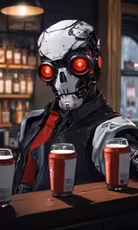 a man with two cans on his feet is sitting at a counter