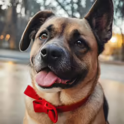 closeup of a dog wearing a red bow tie