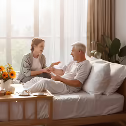 an older couple having a conversation on their bed