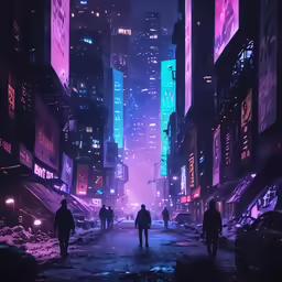 two people are walking down the street in a city