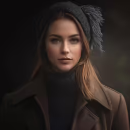 the girl wearing a jacket, turtleneck sweater, and matching hat is seen from behind